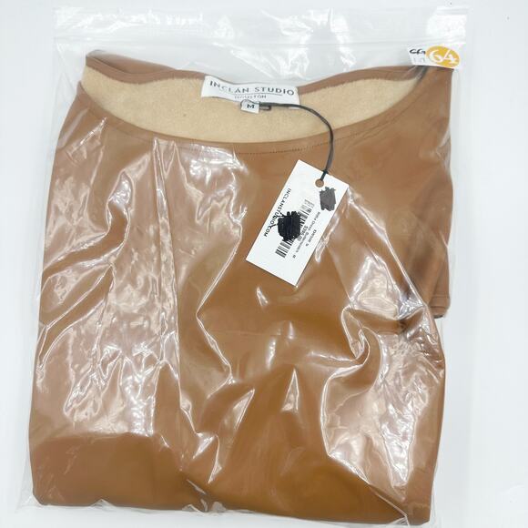 INCLAN STUDIO Millie Vegan Faux Leather Mini Dress Butterscotch Brown NEW Medium - Picture 7 of 7